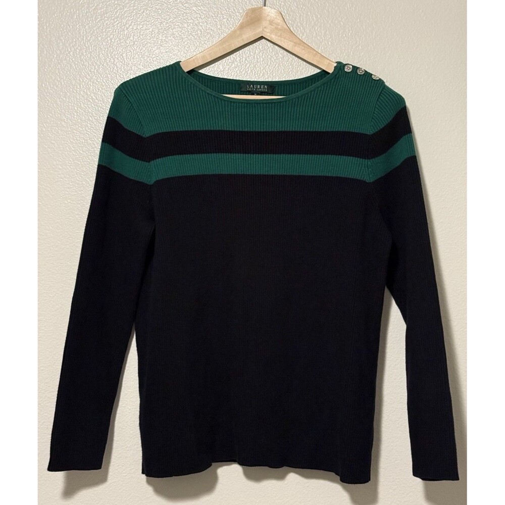 Lauren Ralph Lauren Womens Size 1X Striped Ribbed Knit Button Shoulder Sweater